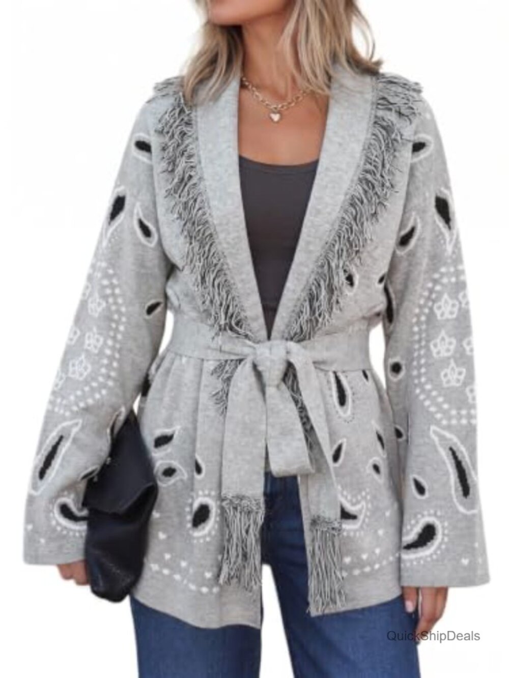 Fringe Cardigan Printed Long Sleeve V Neck Belt Sweaters